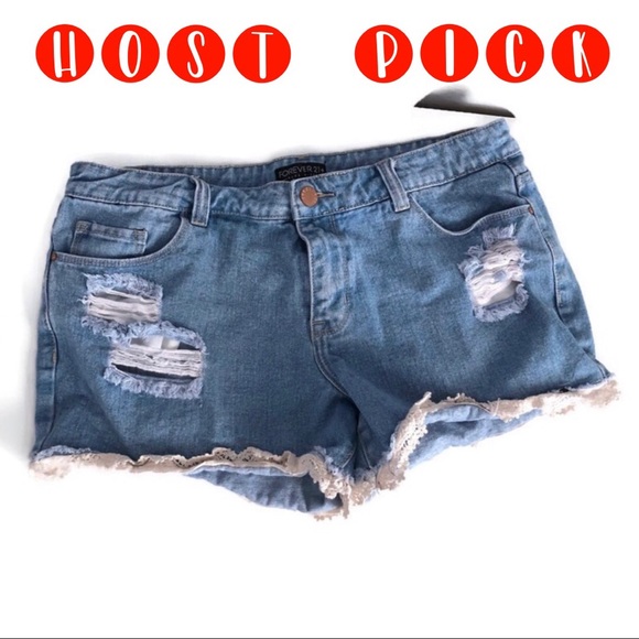 Forever 21 Vintage destroyed lace trim jean shorts - Picture 2 of 5